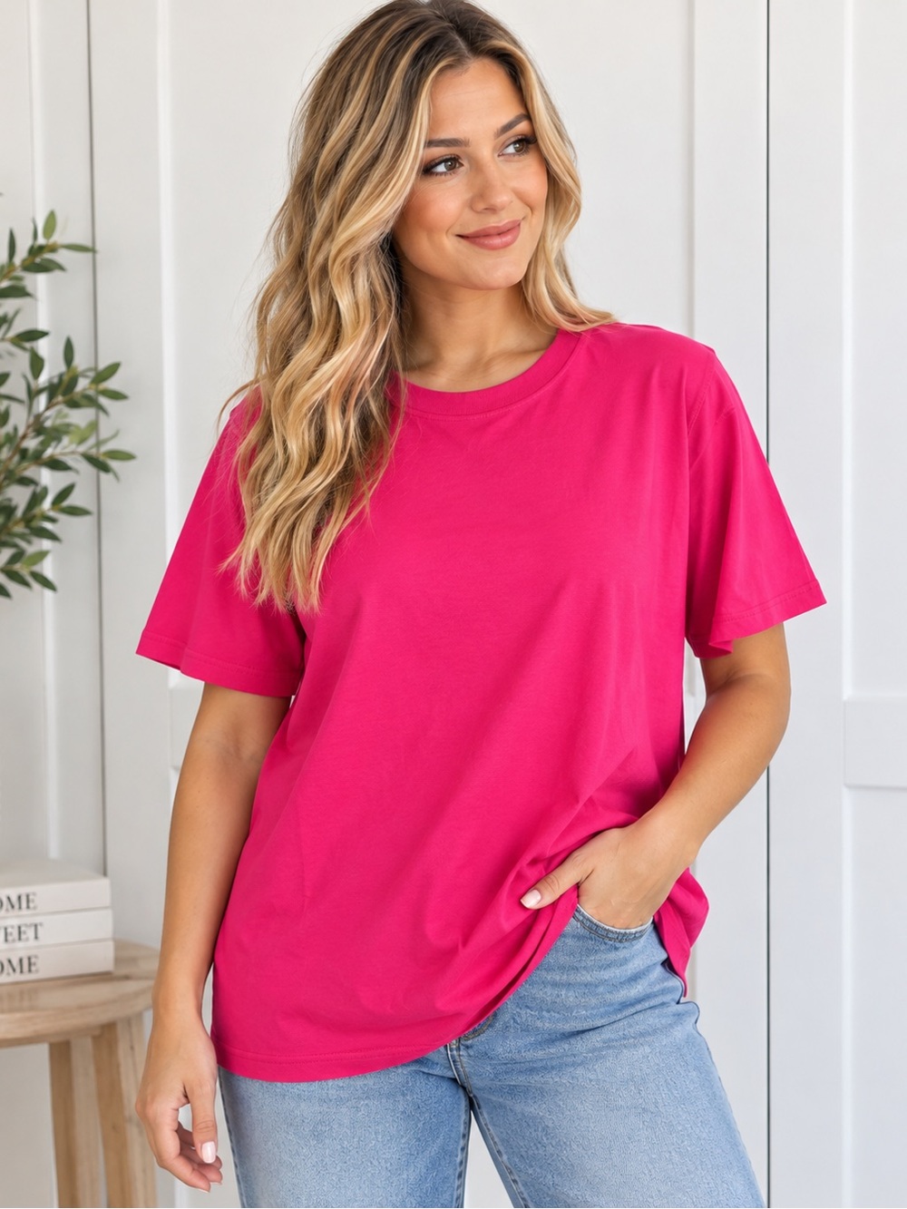 Zenana Size Large Hot Pink Oversized Crew Neck T-Shirt NWT Casual Basic Tee
